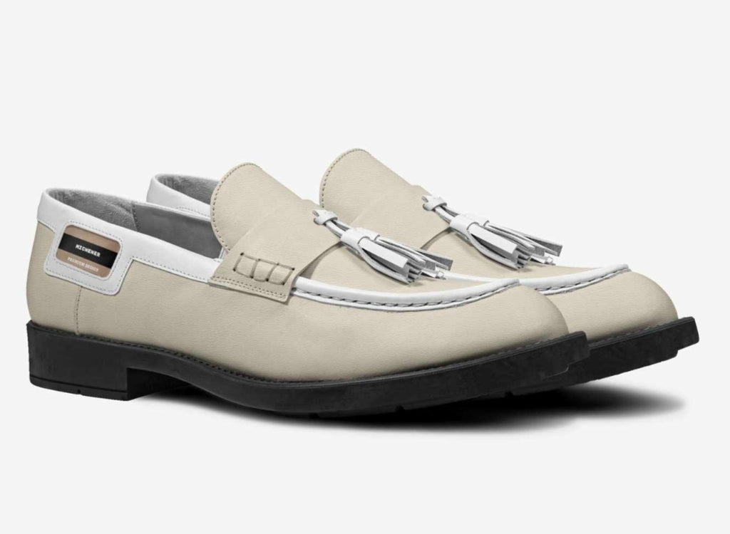 Michener™ Beige and white Luxe classic loafer with blaque rubber soles and White Tassels