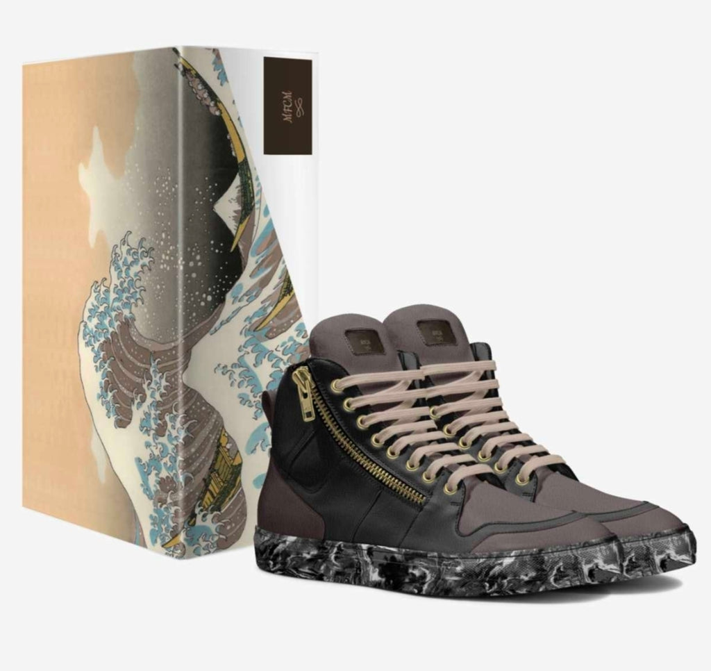 Moxex™ Blaque & Taupe Luxury High Top Sneakers with a Gold Side Zipper