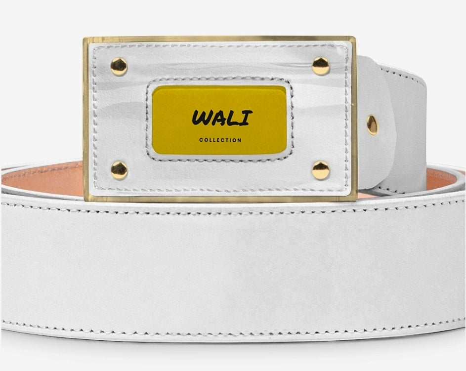 WALI™ White Luxe Italian Leather Belt with Gold Buckle & Golden Signature Plaque