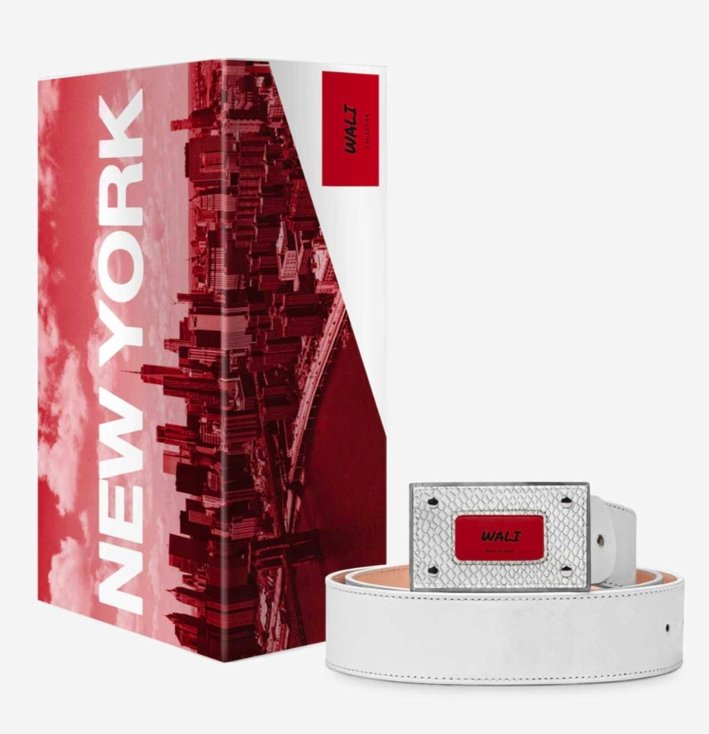 WALI™ Italian Leather Luxe White Python Print Belt with Silver Buckle & Red Signature Plaque