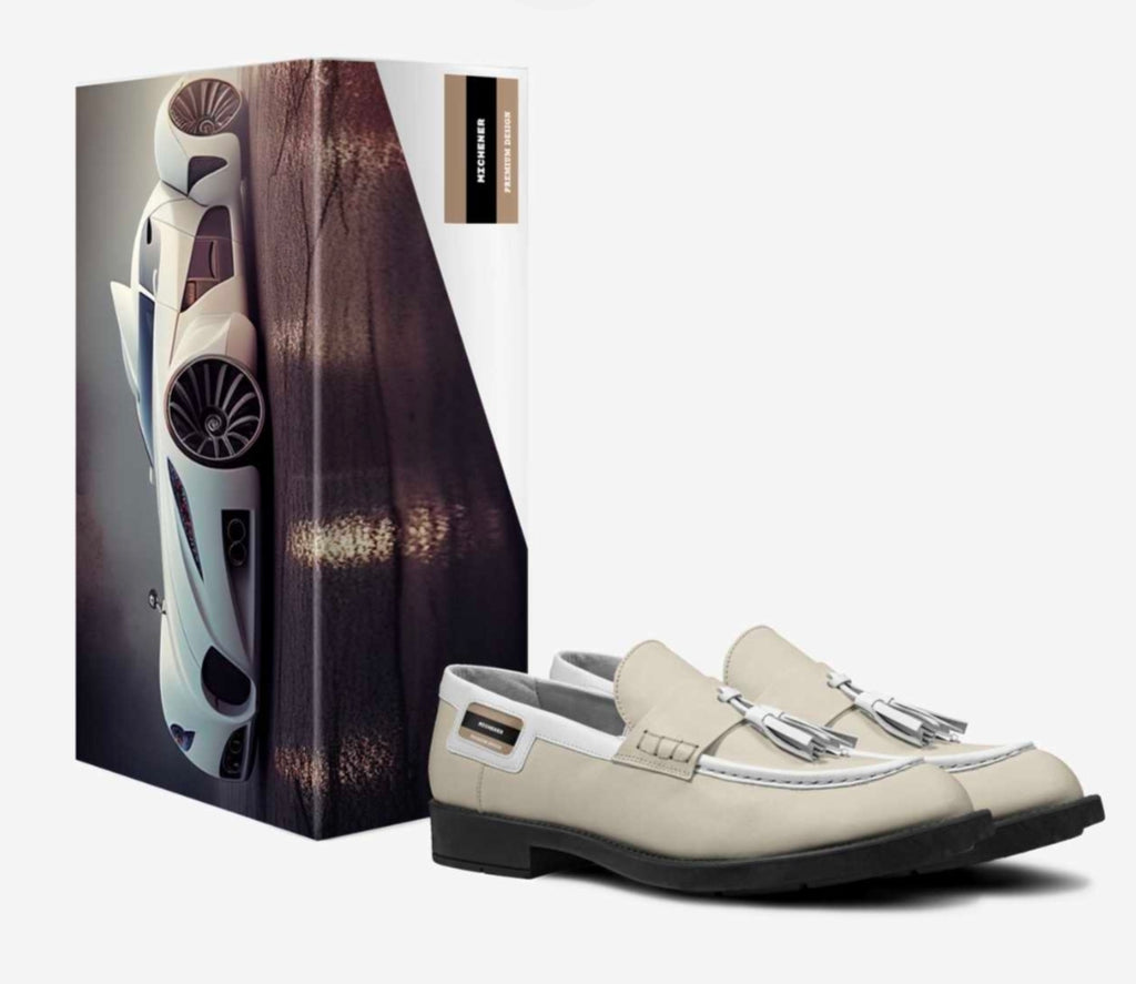 Michener™ Beige and white Luxe classic loafer with blaque rubber soles and White Tassels