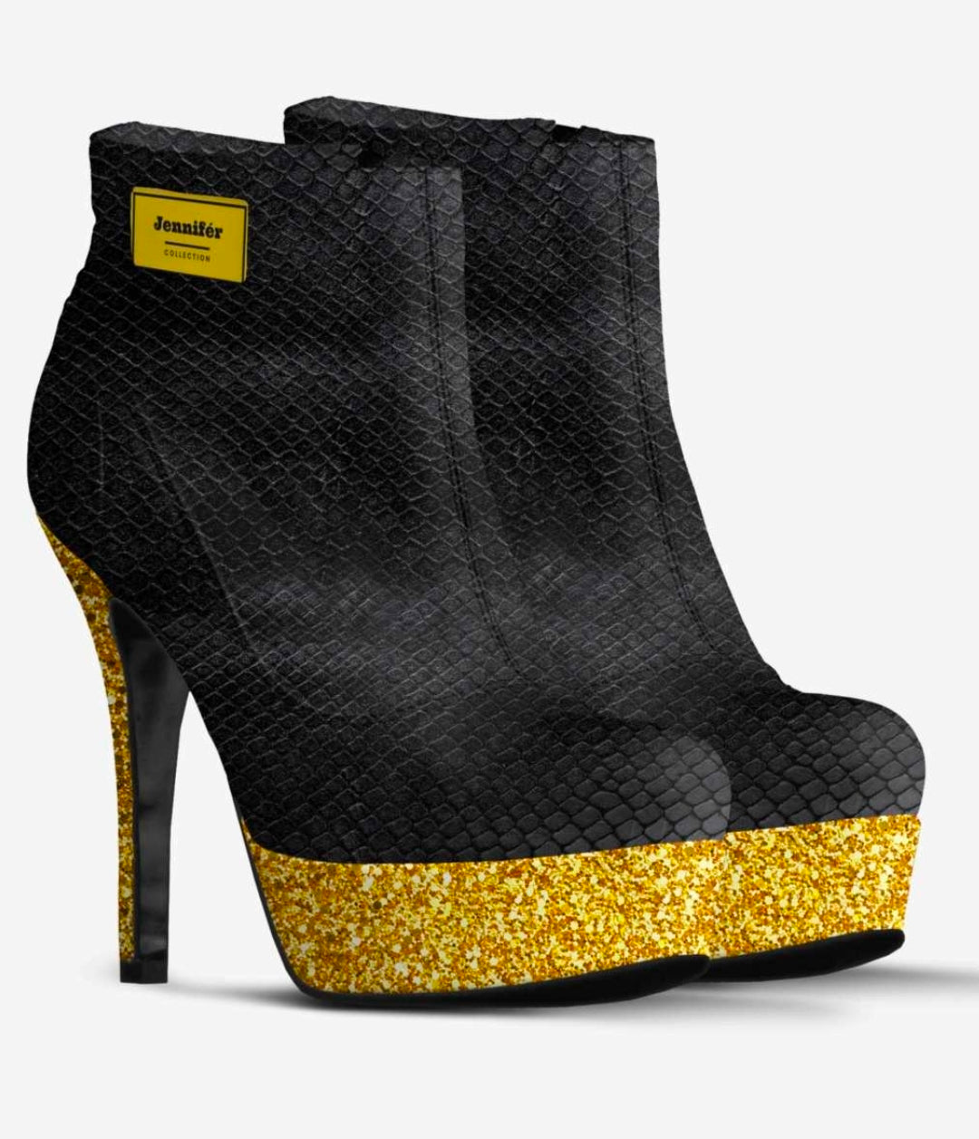 Jennifér™ Luxe Python Print Black and Gold Heels with a Gold Label