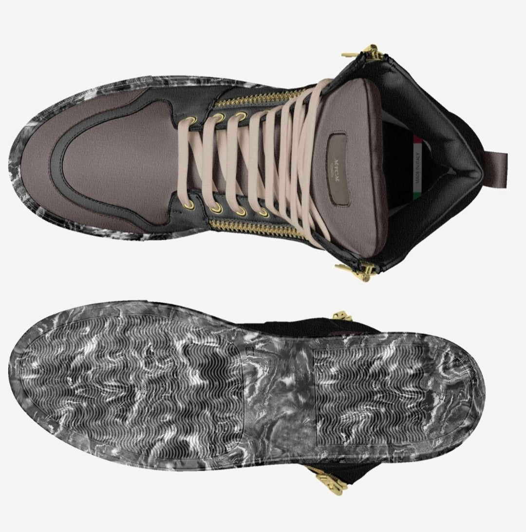 Moxex™ Blaque & Taupe Luxury High Top Sneakers with a Gold Side Zipper
