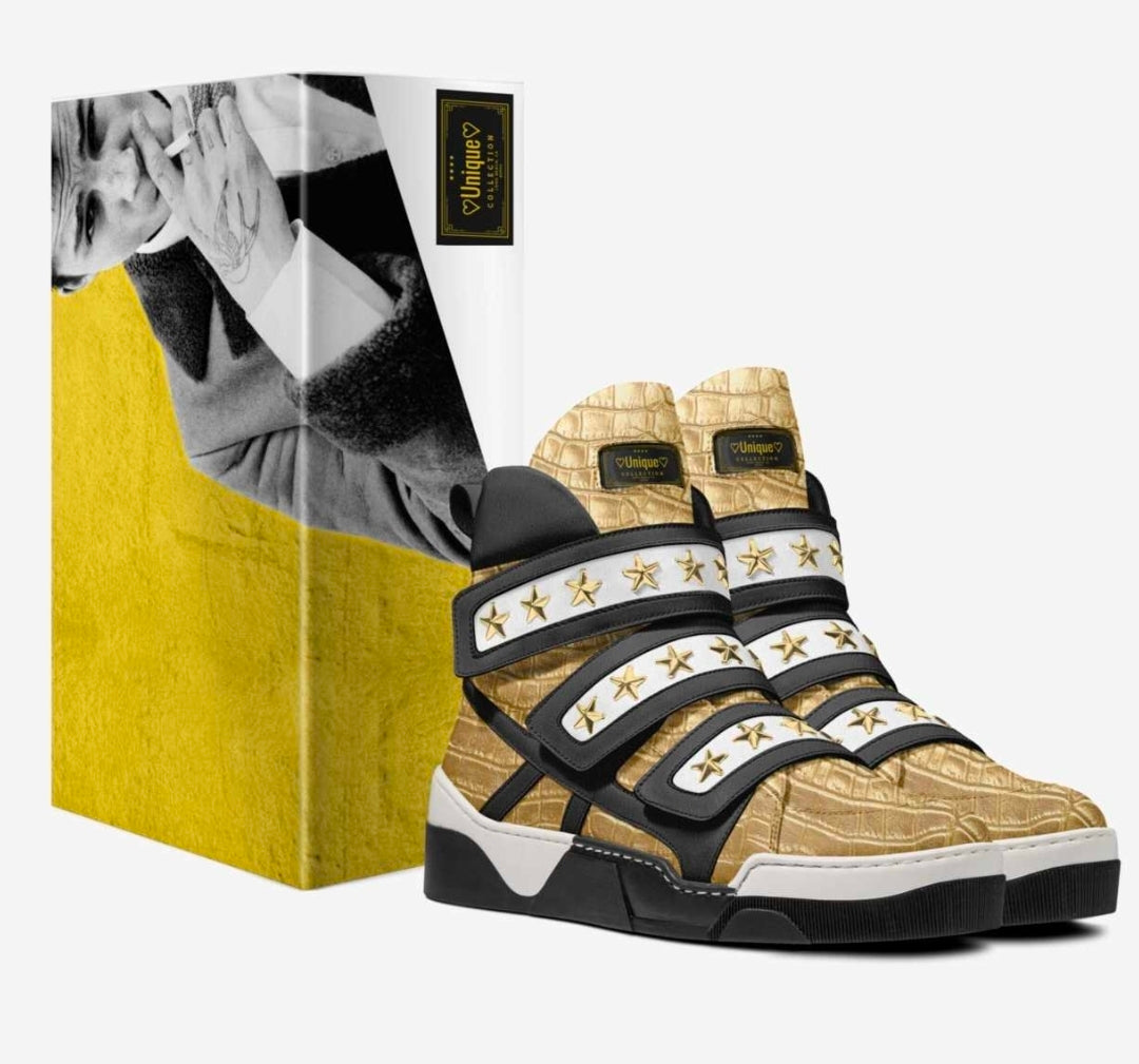 Unique™ Blaque, White and Gold Luxury Three strap High Top Sneakers