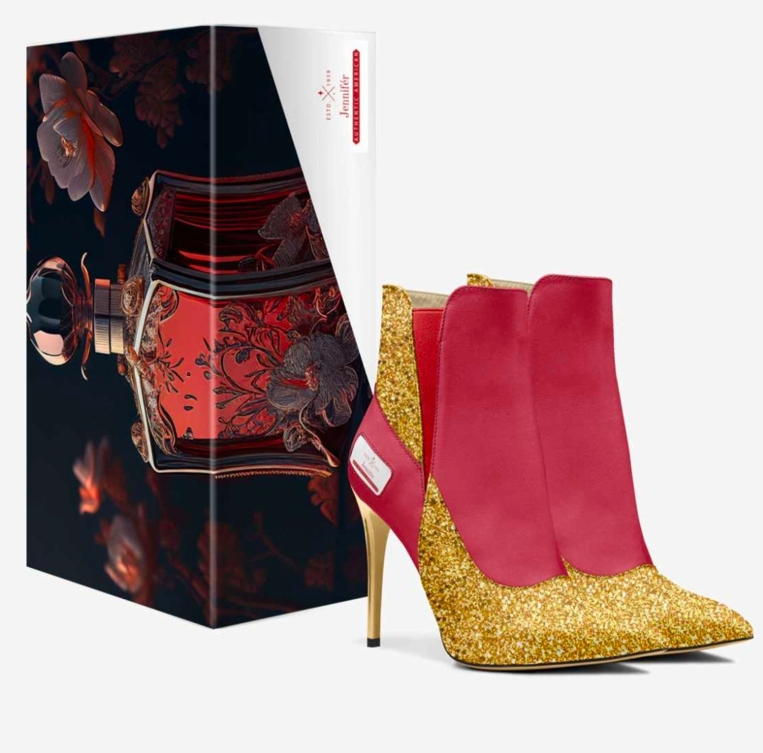 Jennifér™ 
Gold & Red Luxe HIGH-HEEL SLIP-ON BOOT with Gold heels