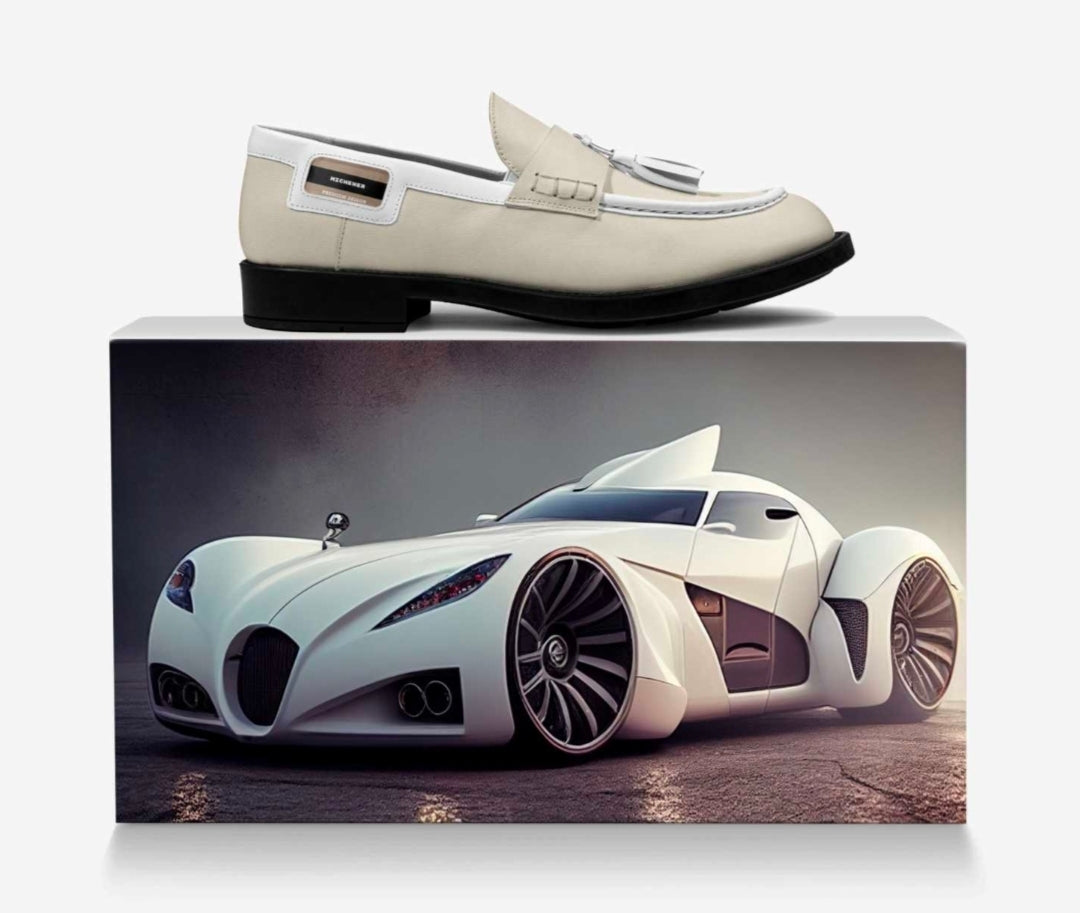 Michener™ Beige and white Luxe classic loafer with blaque rubber soles and White Tassels