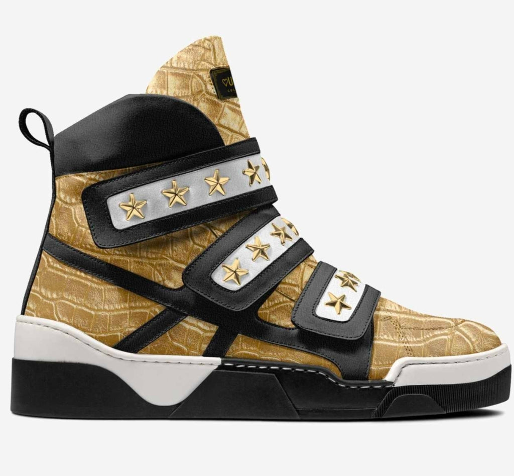 Unique™ Blaque, White and Gold Luxury Three strap High Top Sneakers