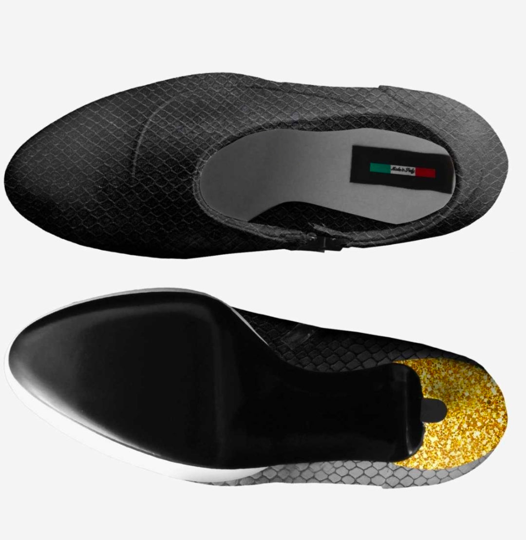 Jennifér™ Luxe Python Print Black and Gold Heels with a Gold Label