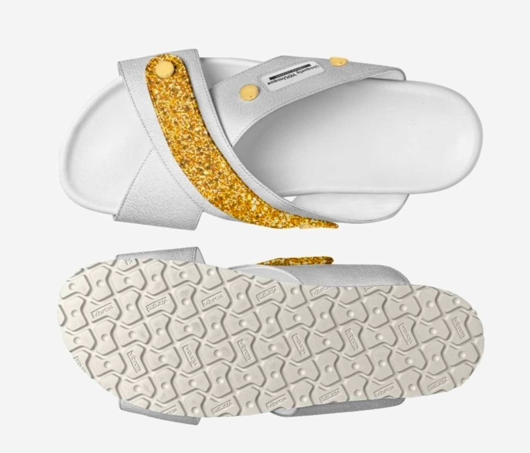 Uniquely YOUnique™ Luxe Unisex White and Gold Cross Stripes Sandals
