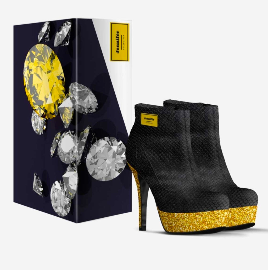 Jennifér™ Luxe Python Print Black and Gold Heels with a Gold Label