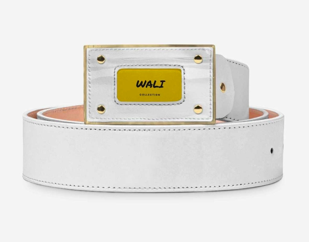 WALI™ White Luxe Italian Leather Belt with Gold Buckle & Golden Signature Plaque