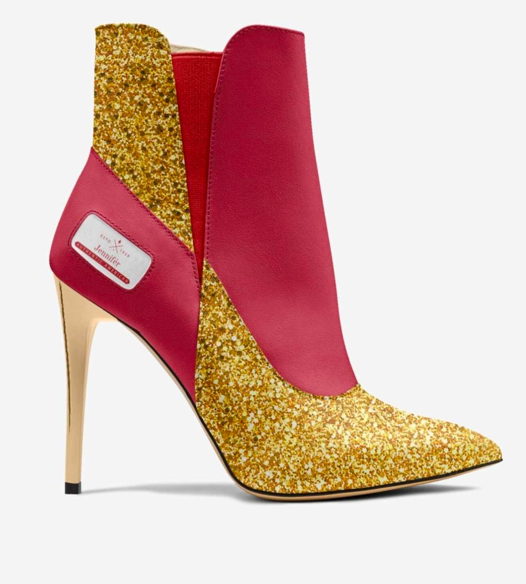 Jennifér™ 
Gold & Red Luxe HIGH-HEEL SLIP-ON BOOT with Gold heels