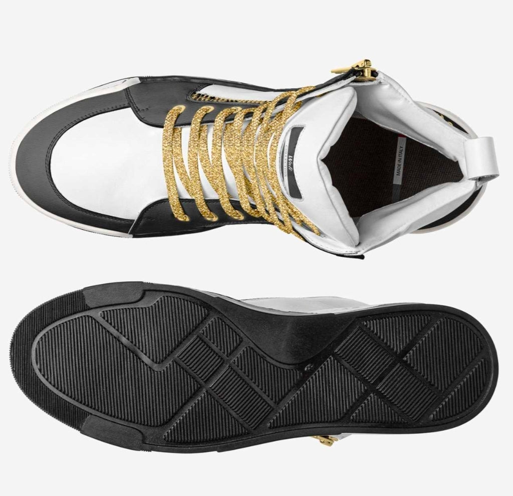 Wali™ Luxe Blaque, White and Gold studded high-tops with Gold laces and a side Zipper