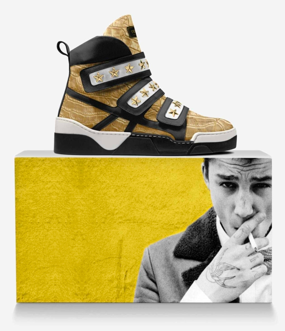 Unique™ Blaque, White and Gold Luxury Three strap High Top Sneakers