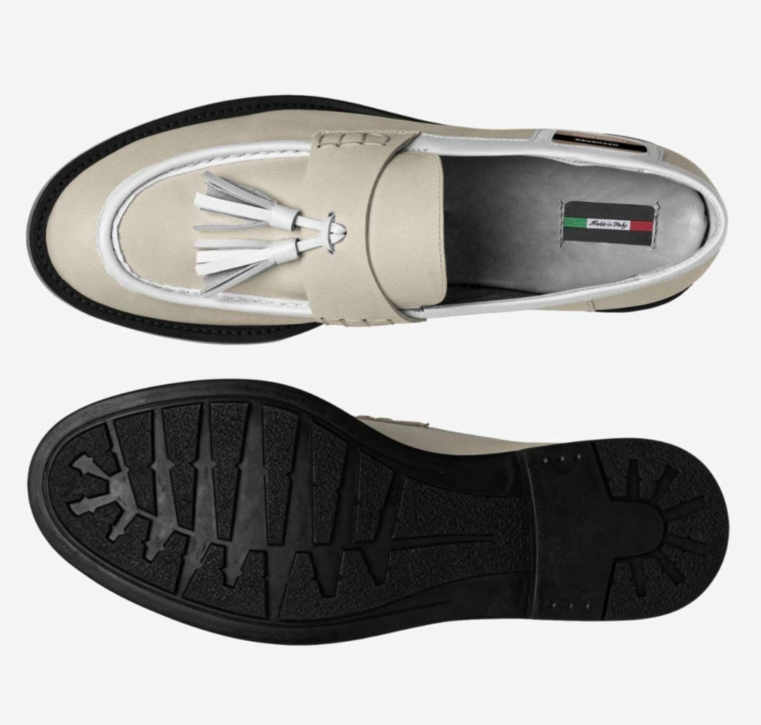 Michener™ Beige and white Luxe classic loafer with blaque rubber soles and White Tassels