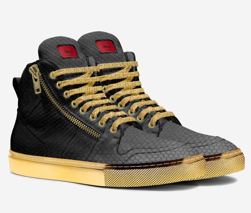 Wali™ Luxe Blaque & Gold Python Print High Top Sneakers with Red Label, Side Zipper and Gold Rubber Soles