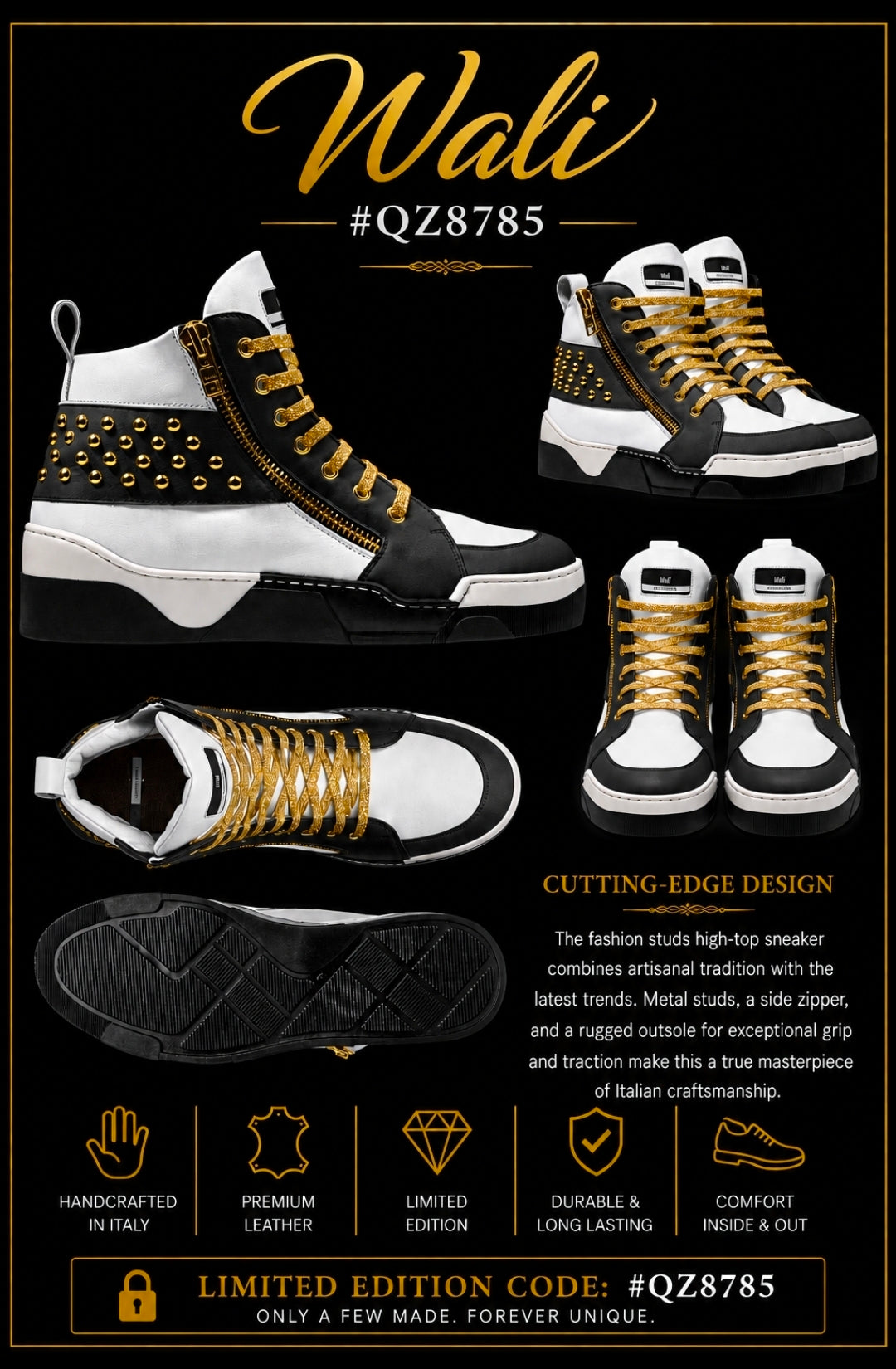 Wali™ Luxe Blaque, White and Gold studded high-tops with Gold laces and a side Zipper