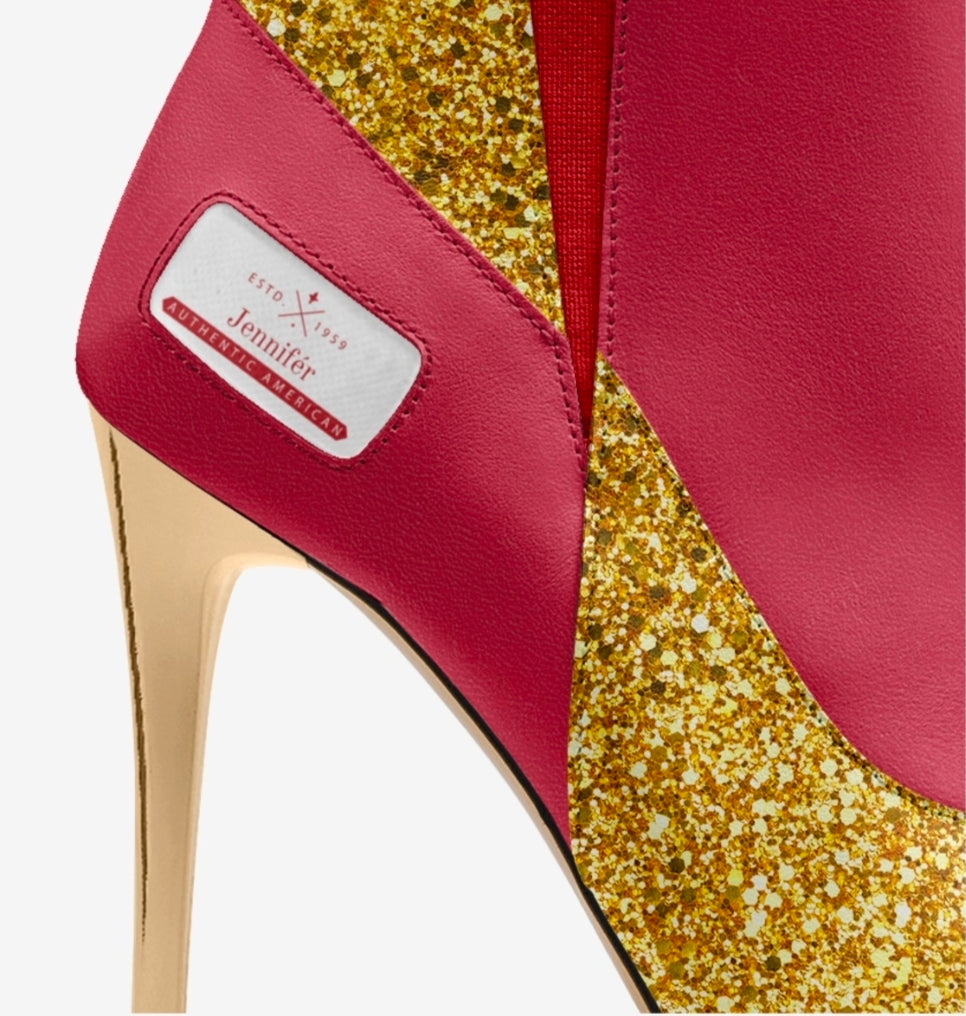 Jennifér™ 
Gold & Red Luxe HIGH-HEEL SLIP-ON BOOT with Gold heels