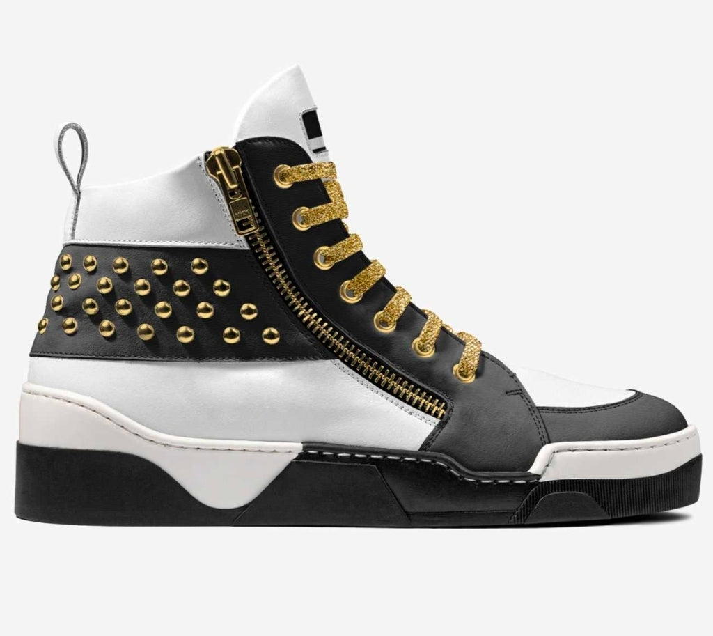 Wali™ Luxe Blaque, White and Gold studded high-tops with Gold laces and a side Zipper