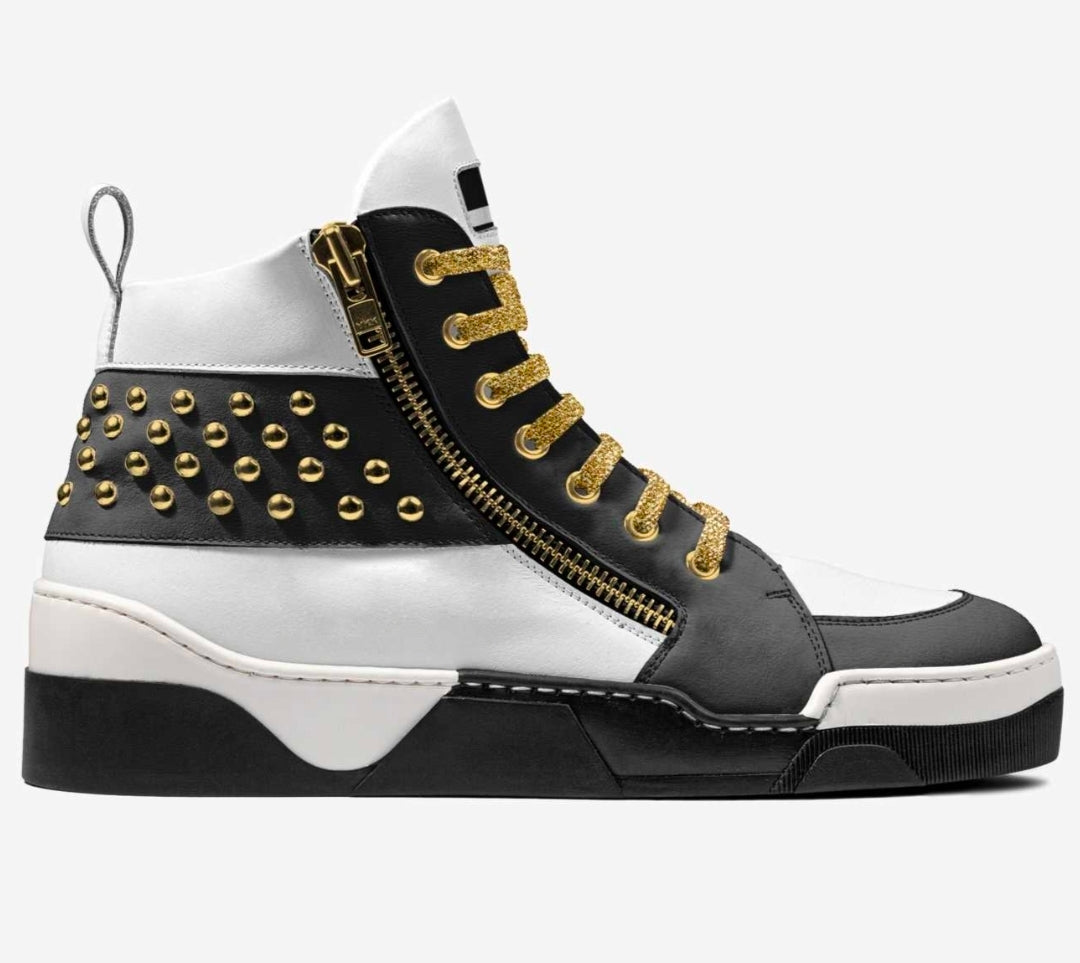 Wali™ Luxe Blaque, White and Gold studded high-tops with Gold laces and a side Zipper