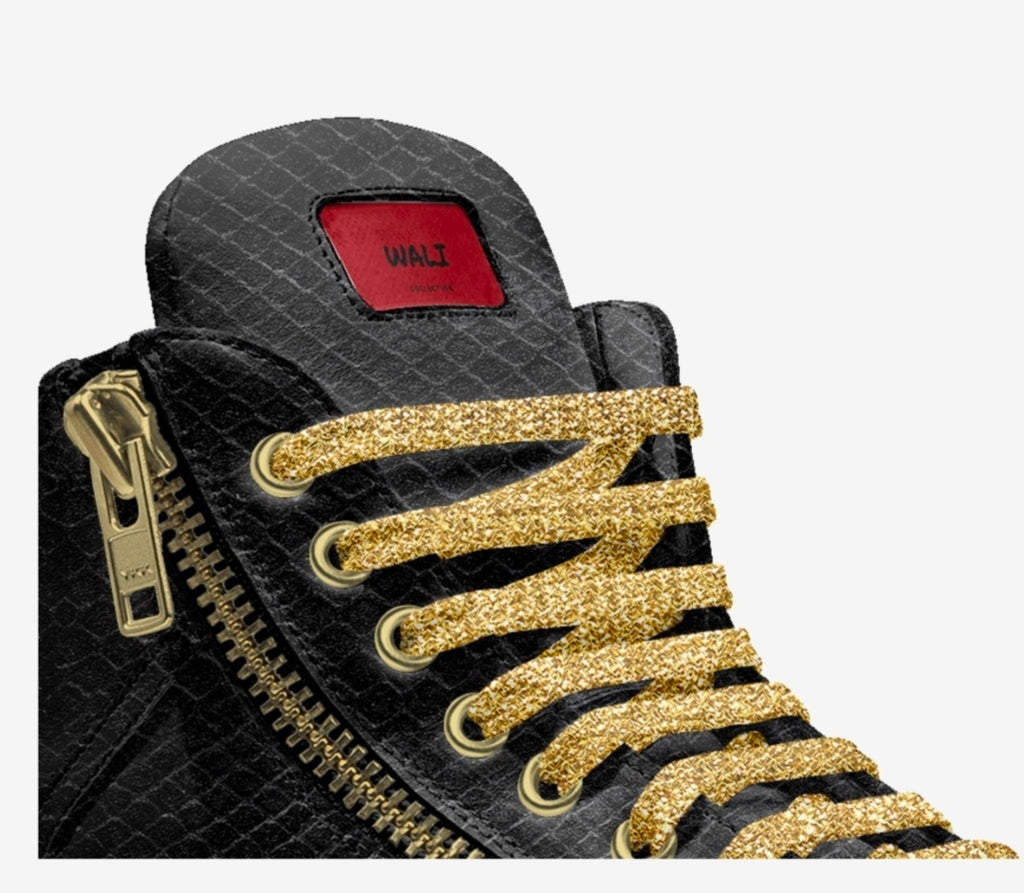 Wali™ Luxe Blaque & Gold Python Print High Top Sneakers with Red Label, Side Zipper and Gold Rubber Soles