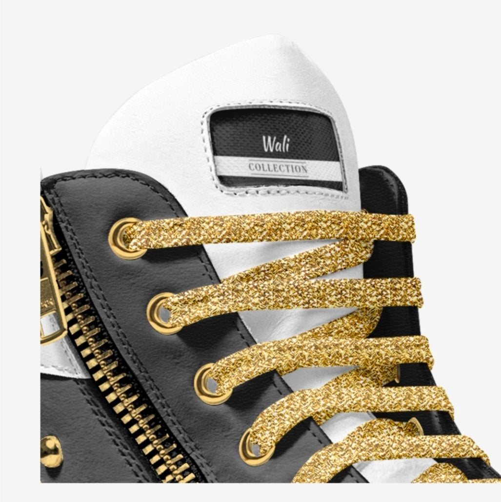 Wali™ Luxe Blaque, White and Gold studded high-tops with Gold laces and a side Zipper