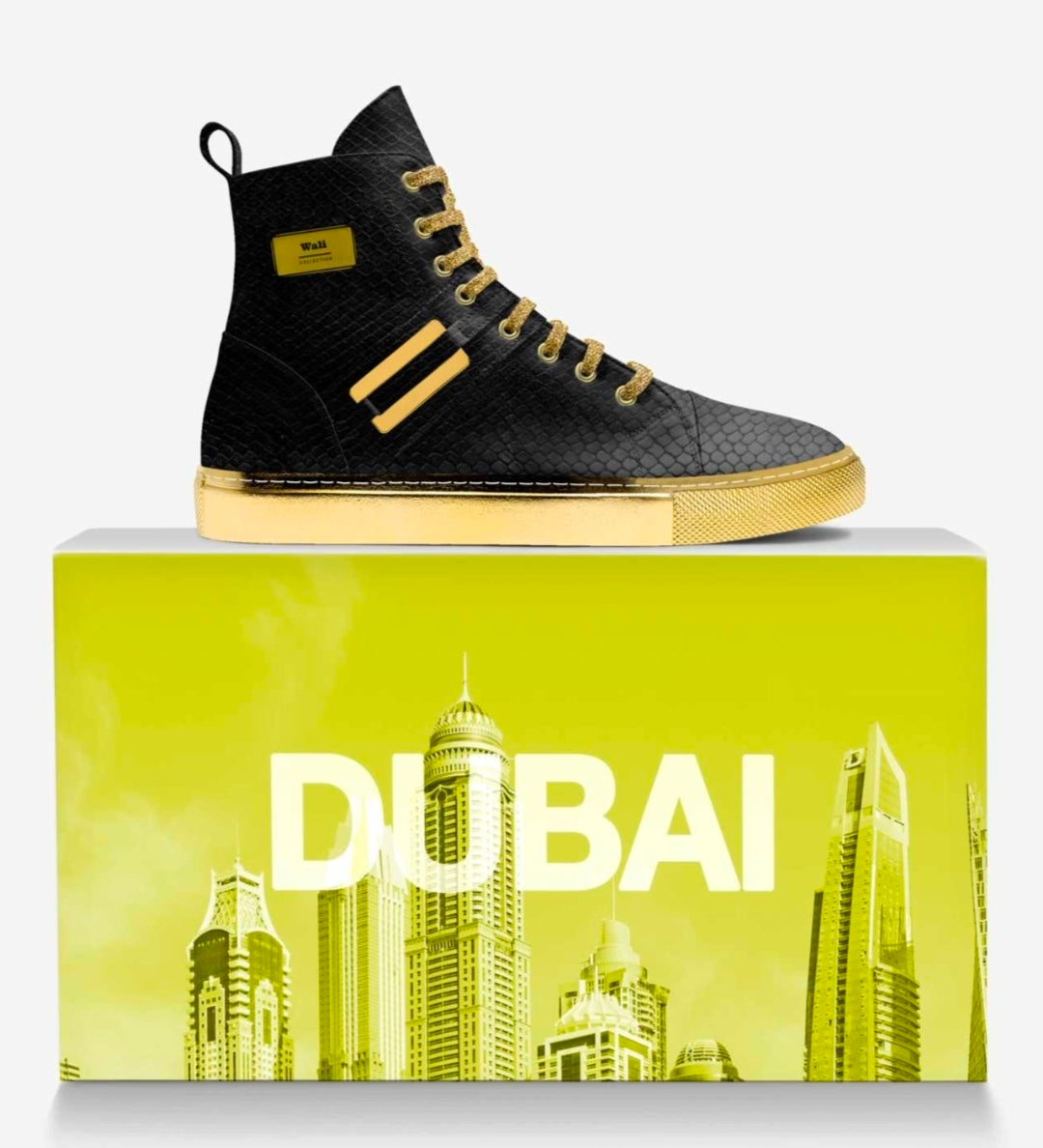 Wali™ Men's Luxe Python Print Black & Gold High Tops with Gold soles and Gold Laces