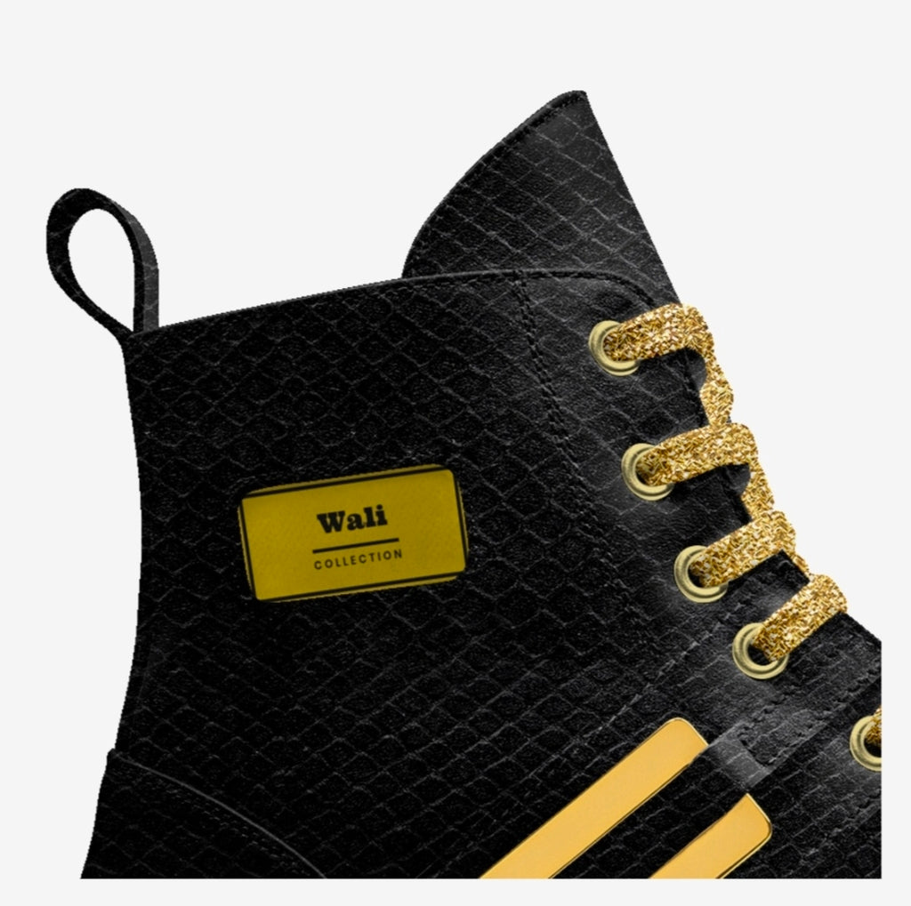 Wali™ Men's Luxe Python Print Black & Gold High Tops with Gold soles and Gold Laces