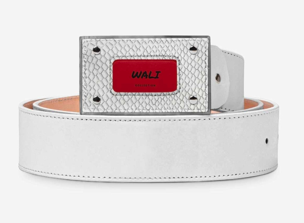 WALI™ Italian Leather Luxe White Python Print Belt with Silver Buckle & Red Signature Plaque