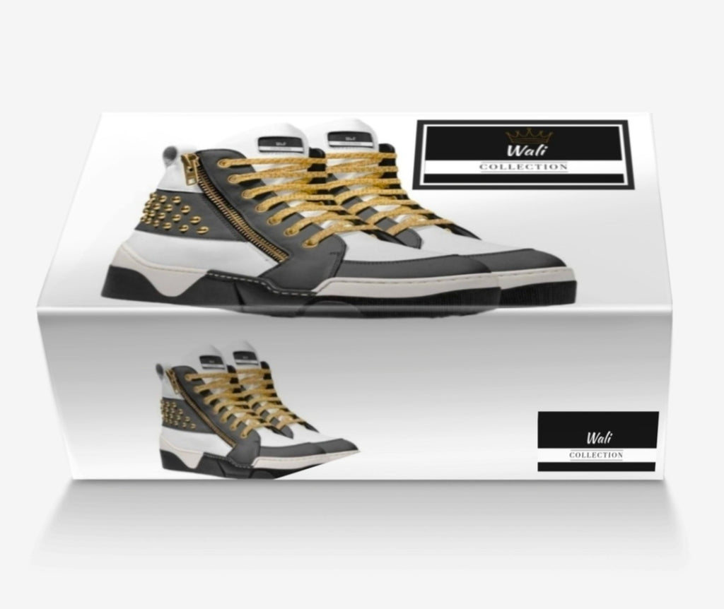 Wali™ Luxe Blaque, White and Gold studded high-tops with Gold laces and a side Zipper