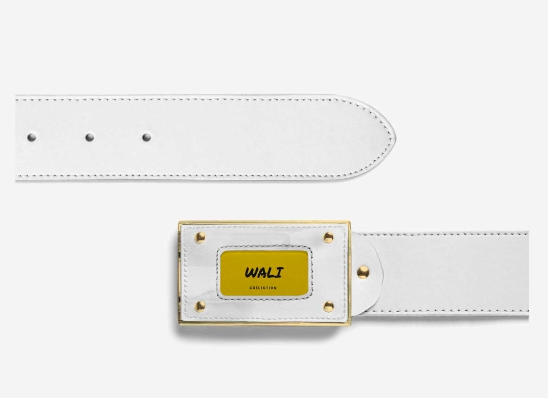 WALI™ White Luxe Italian Leather Belt with Gold Buckle & Golden Signature Plaque