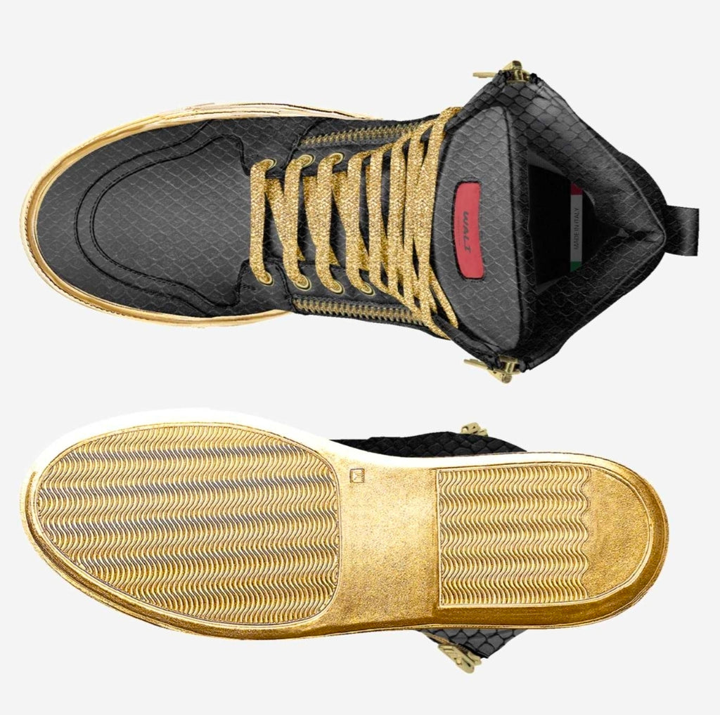 Wali™ Luxe Blaque & Gold Python Print High Top Sneakers with Red Label, Side Zipper and Gold Rubber Soles