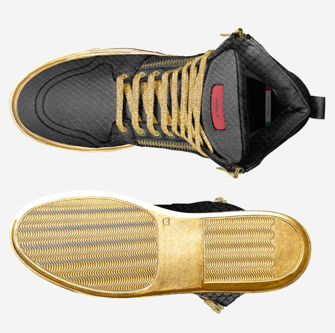 Wali™ Luxe Blaque & Gold Python Print High Top Sneakers with Red Label, Side Zipper and Gold Rubber Soles