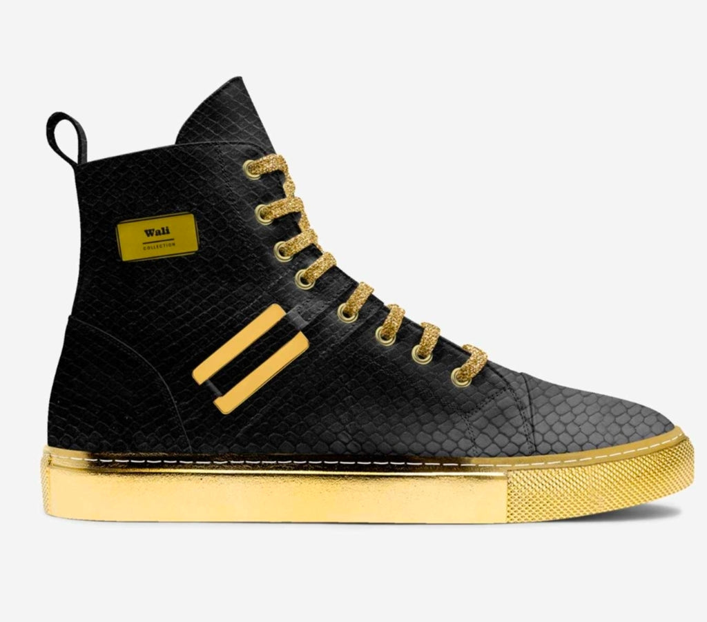 Wali™ Men's Luxe Python Print Black & Gold High Tops with Gold soles and Gold Laces