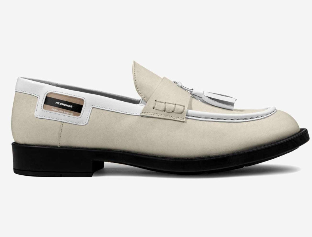 Michener™ Beige and white Luxe classic loafer with blaque rubber soles and White Tassels
