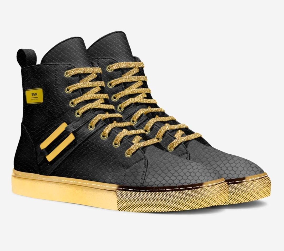 Wali™ Men's Luxe Python Print Black & Gold High Tops with Gold soles and Gold Laces