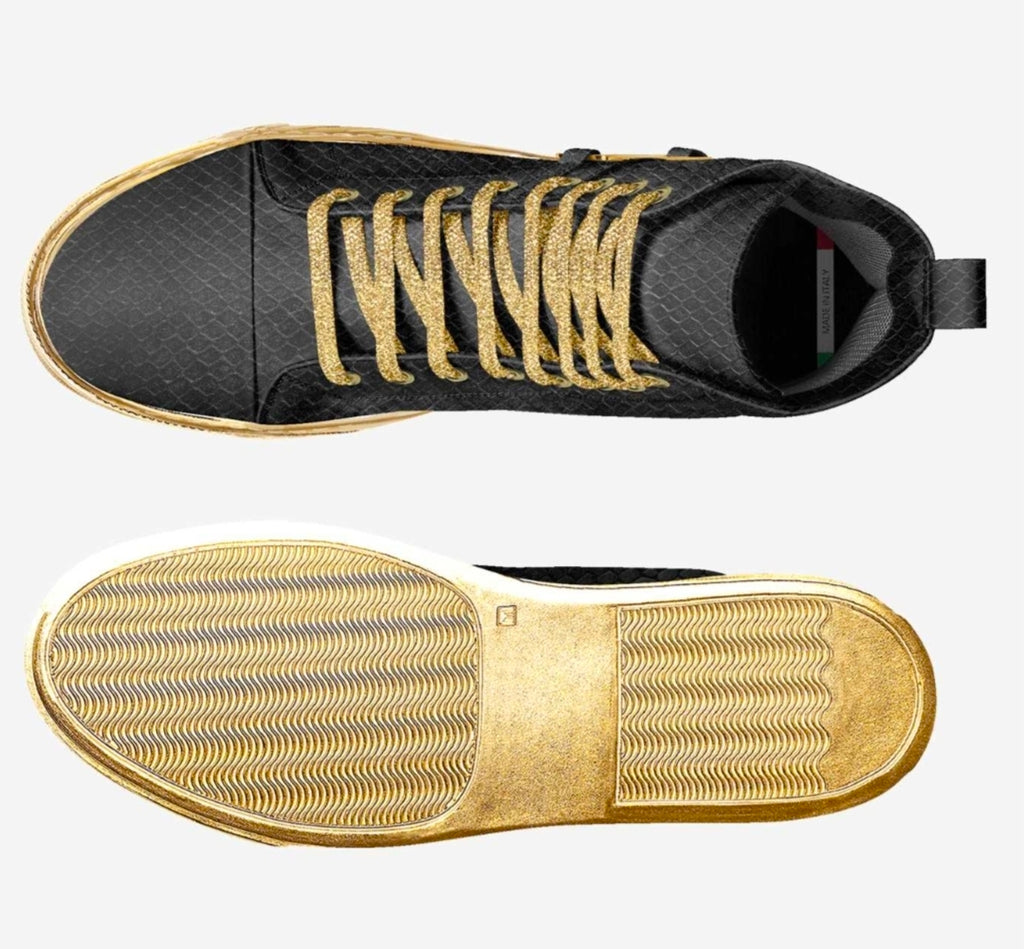 Wali™ Men's Luxe Python Print Black & Gold High Tops with Gold soles and Gold Laces