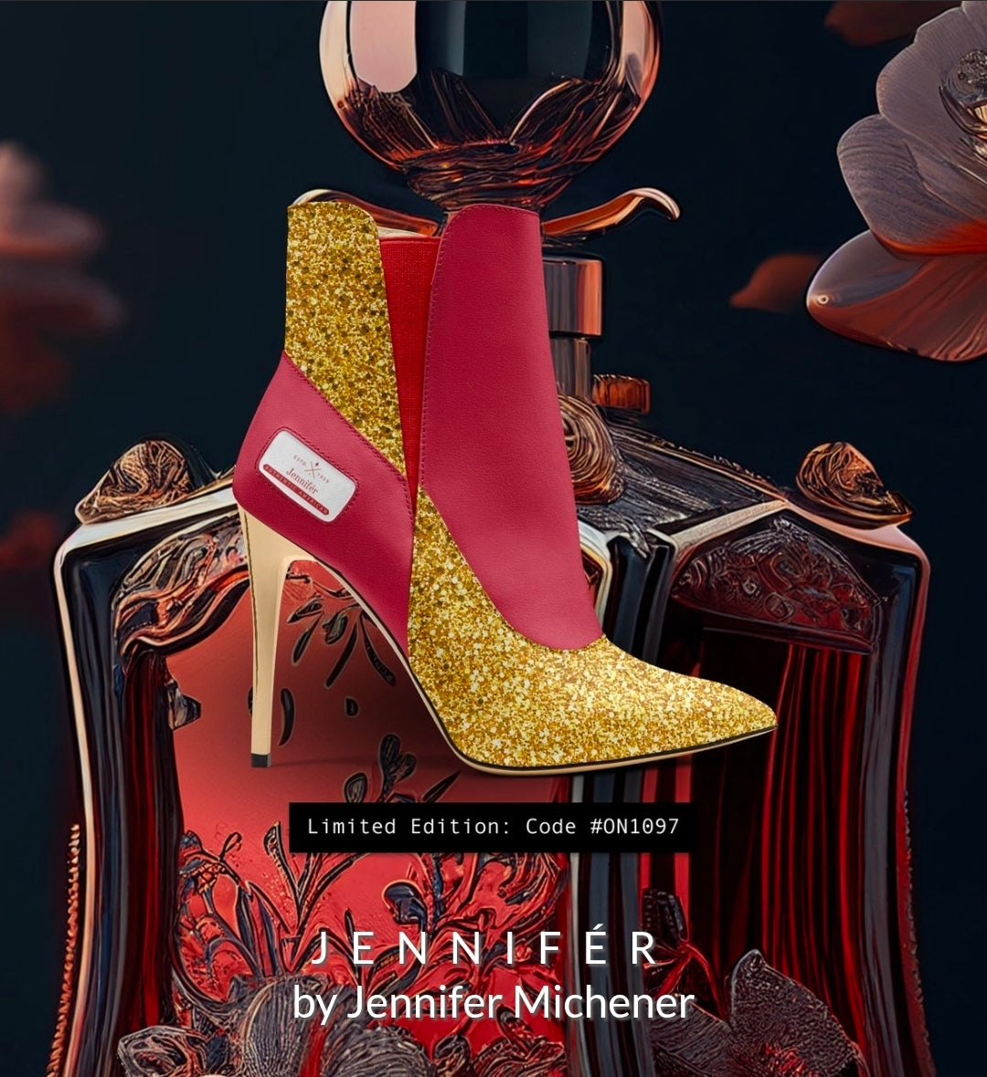 Jennifér™ 
Gold & Red Luxe HIGH-HEEL SLIP-ON BOOT with Gold heels