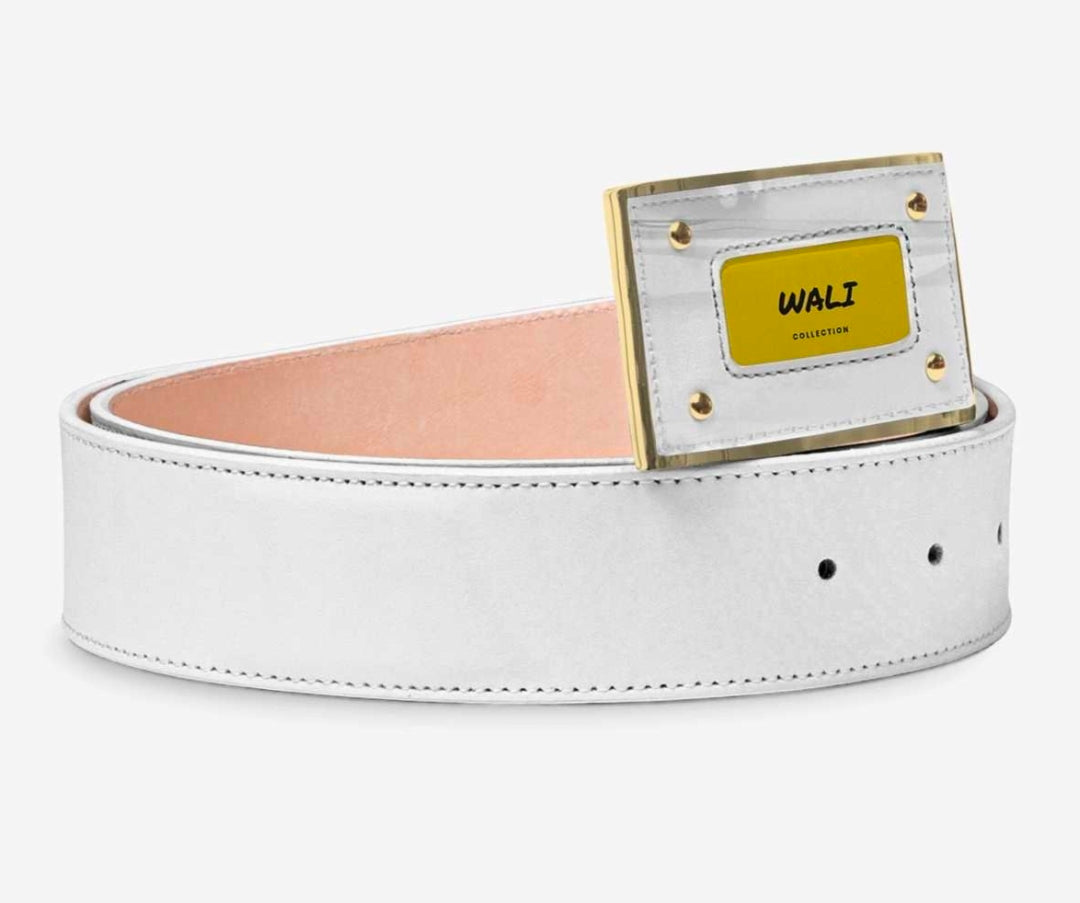 WALI™ White Luxe Italian Leather Belt with Gold Buckle & Golden Signature Plaque