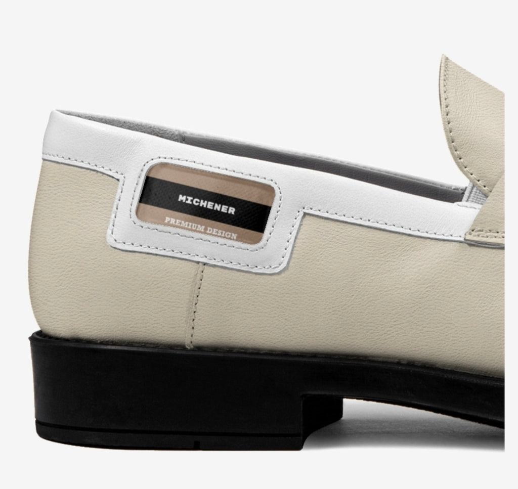 Michener™ Beige and white Luxe classic loafer with blaque rubber soles and White Tassels