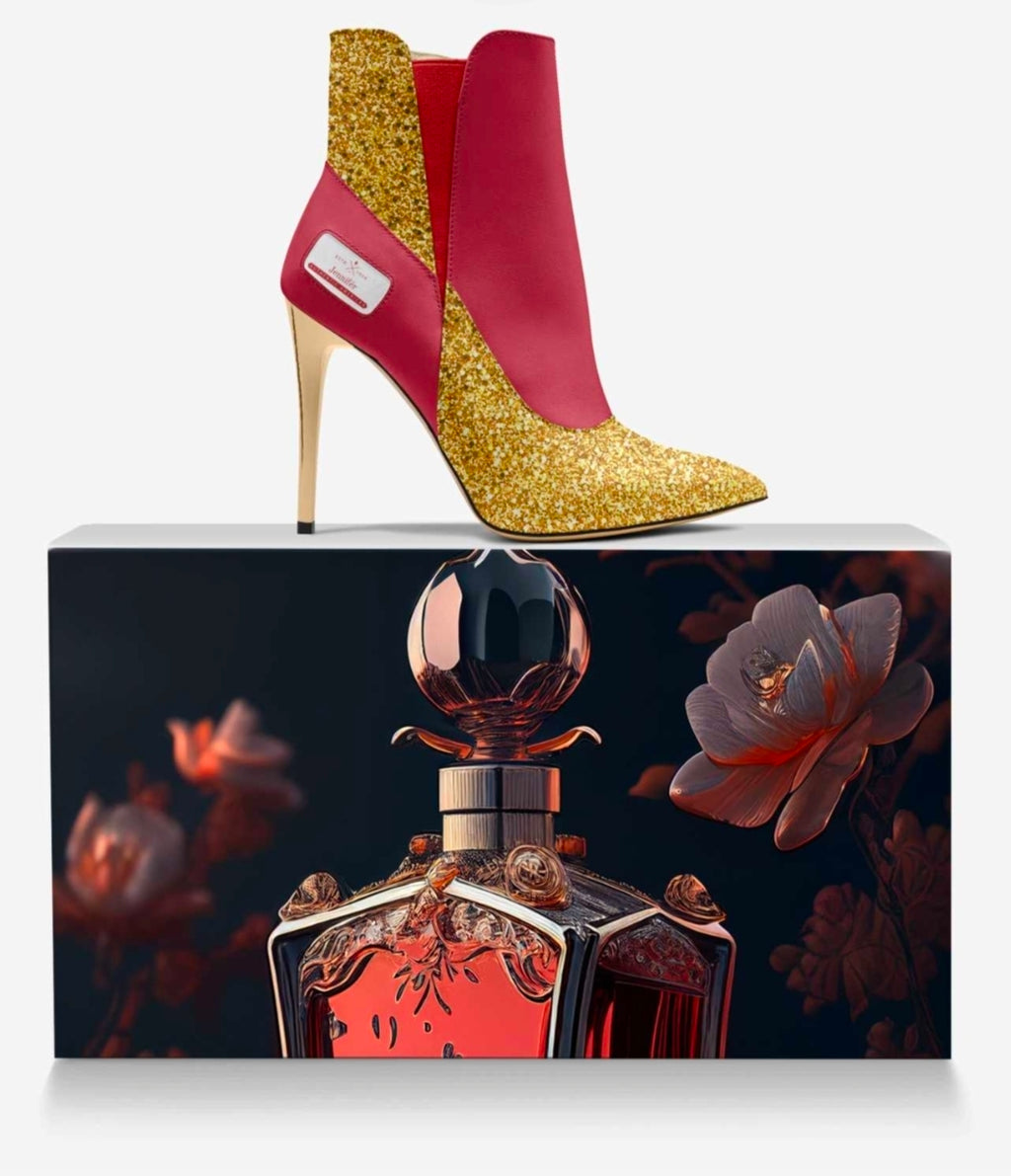 Jennifér™ 
Gold & Red Luxe HIGH-HEEL SLIP-ON BOOT with Gold heels