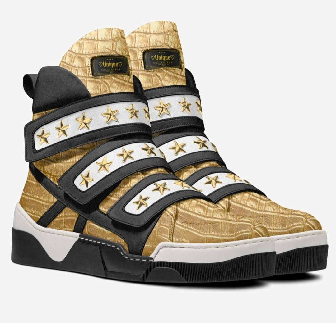 Unique™ Blaque, White and Gold Luxury Three strap High Top Sneakers