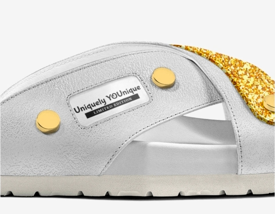 Uniquely YOUnique™ Luxe Unisex White and Gold Cross Stripes Sandals