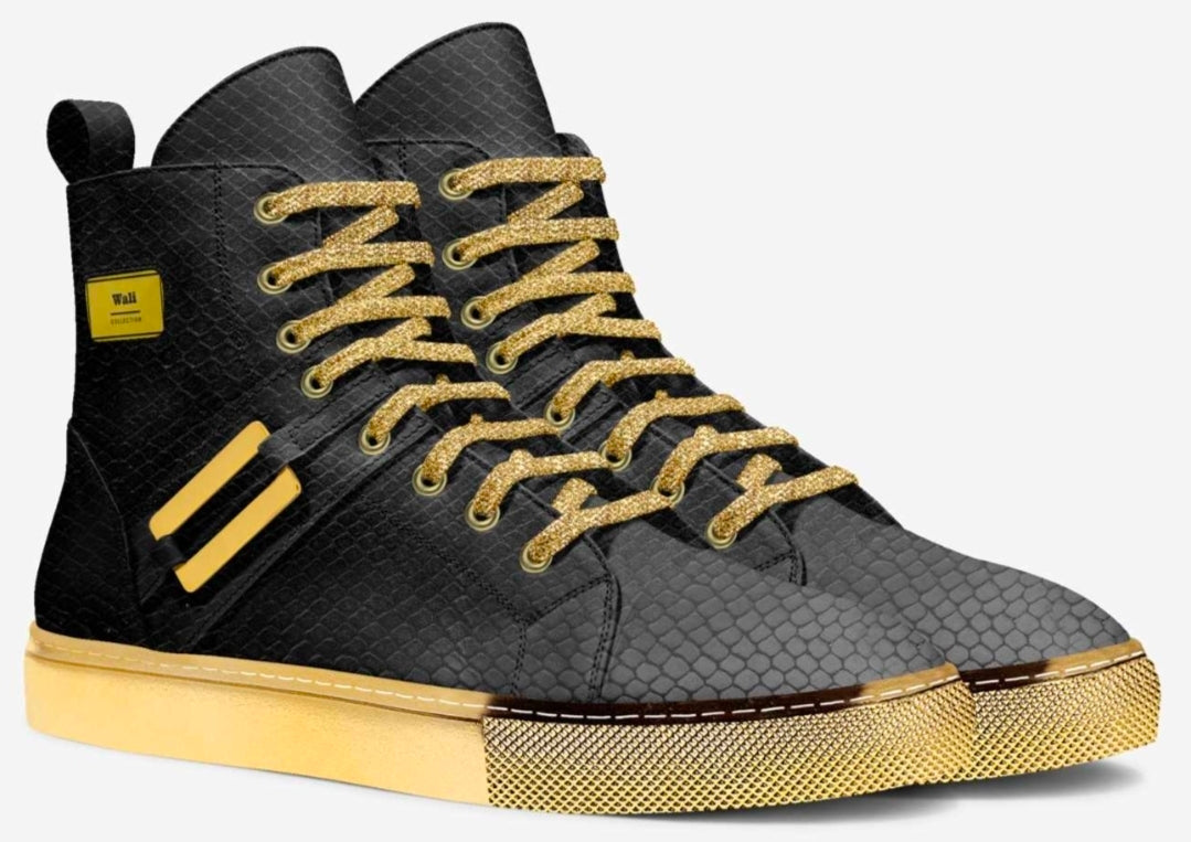 Wali™ Men's Luxe Python Print Black & Gold High Tops with Gold soles and Gold Laces
