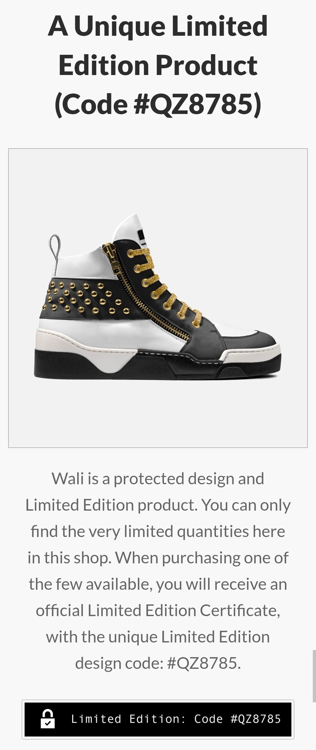 Wali™ Luxe Blaque, White and Gold studded high-tops with Gold laces and a side Zipper
