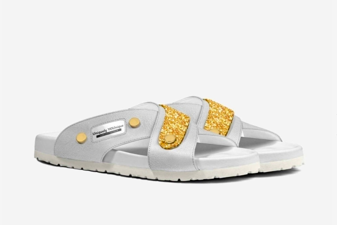 Uniquely YOUnique™ Luxe Unisex White and Gold Cross Stripes Sandals