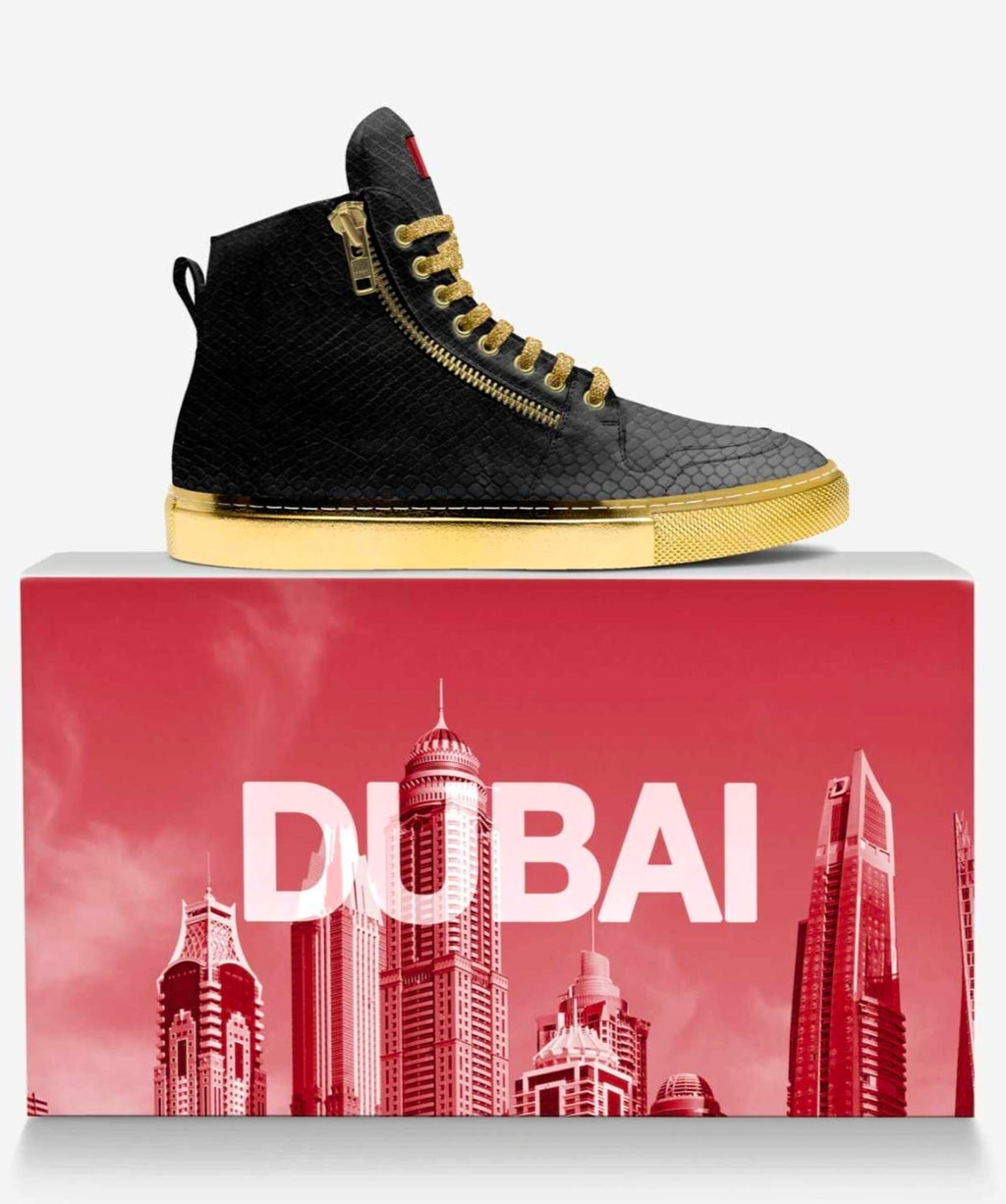 Wali™ Luxe Blaque & Gold Python Print High Top Sneakers with Red Label, Side Zipper and Gold Rubber Soles